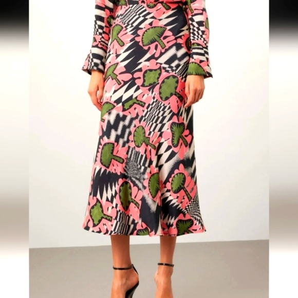 UNTITLED IN MOTION Lelaki Midi Skirt Boho Mushroom Print. Pink/green Multi. SM - Picture 1 of 16